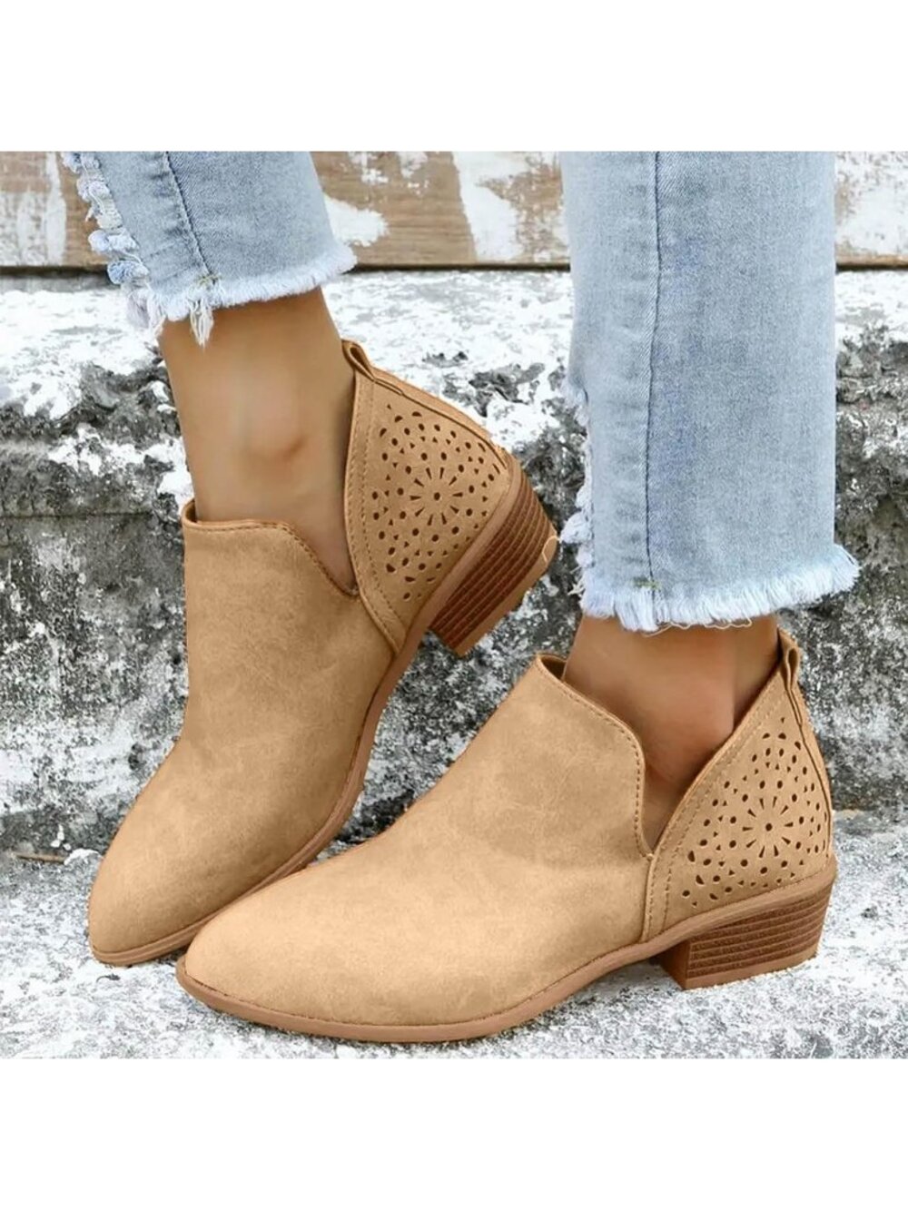 Women’s Suede Ankle Cowboy Boots Pointed Toe Low Block Heel Western Booties-Khak